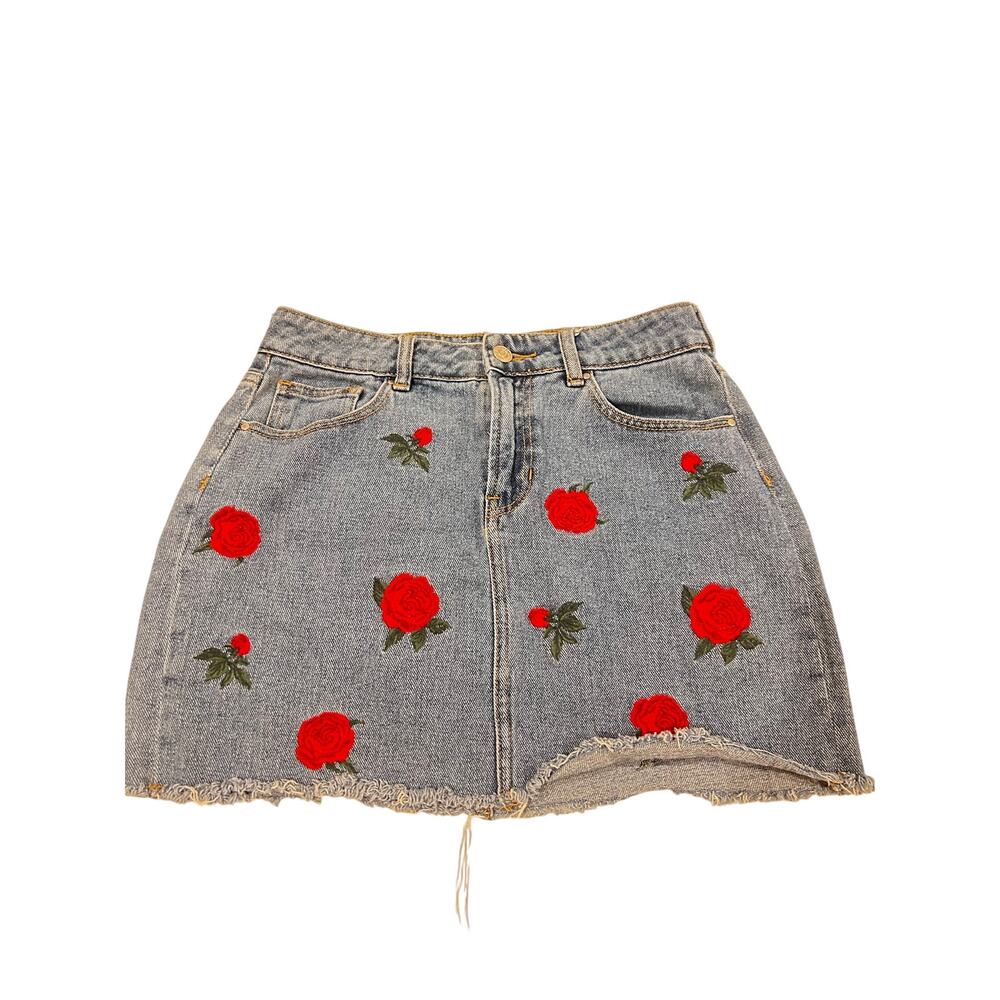 PacSun Denim Mini Skirt 26 Rose Embroidered Raw Hem Y2K Floral